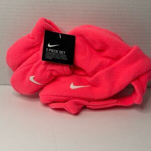 Nike Baby Infant Size Fleece Chin Strap Trapper Hat and Mittens 2 Piece Set Pink